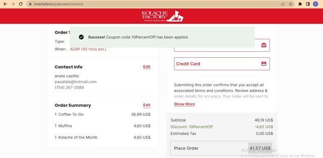 Kolache Factory checkout page showing Kolache Factory promo code box | Screenshot taken by SimplyCodes community member on Mar 26, 2023