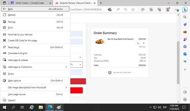 Kolache Factory checkout page showing Kolache Factory promo code box | Screenshot taken by SimplyCodes community member on Jul 20, 2023
