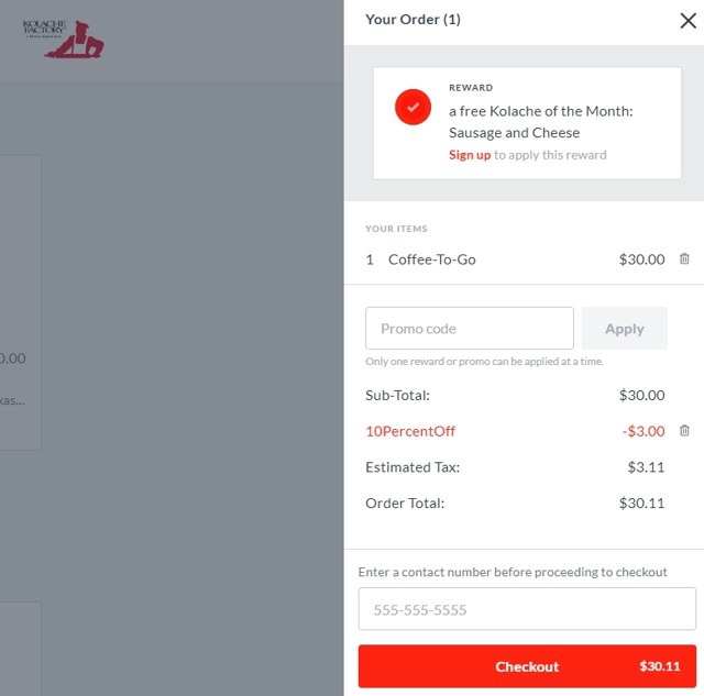 Kolache Factory checkout page showing Kolache Factory promo code box | Screenshot taken by SimplyCodes community member on May 8, 2020
