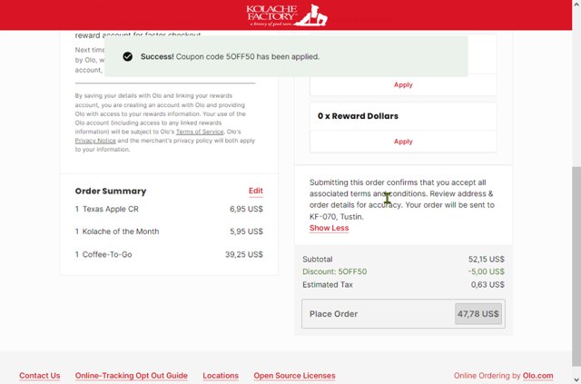 Kolache Factory checkout page showing Kolache Factory promo code box | Screenshot taken by SimplyCodes community member on Apr 2, 2024