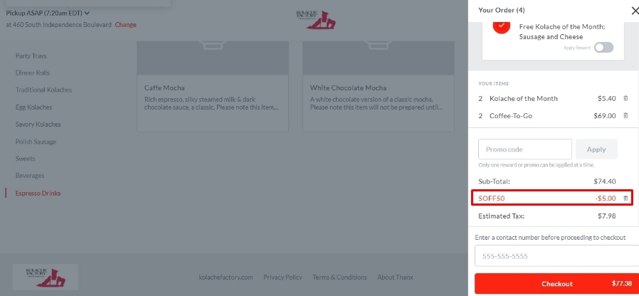 Kolache Factory checkout page showing Kolache Factory promo code box | Screenshot taken by SimplyCodes community member on Dec 19, 2021