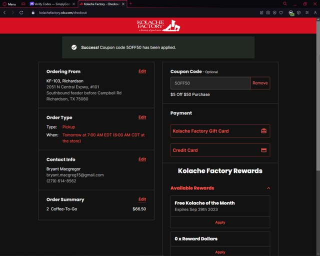 Kolache Factory checkout page showing Kolache Factory promo code box | Screenshot taken by SimplyCodes community member on Sep 22, 2023