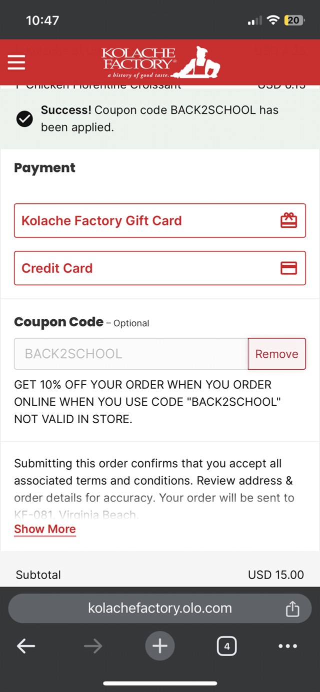 Kolache Factory checkout page showing Kolache Factory promo code box | Screenshot taken by SimplyCodes community member on Aug 21, 2024
