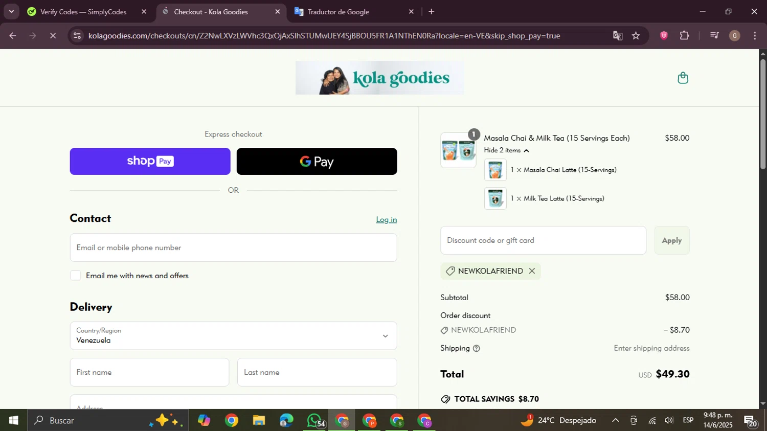 Kola Goodies promo code screenshot showing code NEWKOLAFRIEND applied at Kola Goodies checkout page. Uploaded by SimplyCodes community member BrilliantTracker4207 on Jun 15, 2025