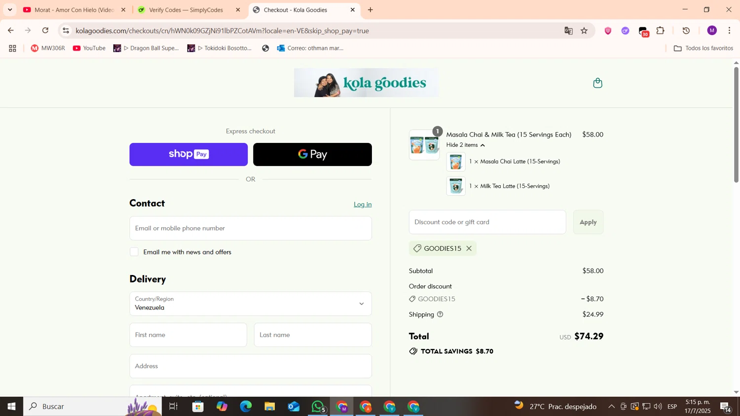 Kola Goodies promo code screenshot showing code GOODIES15 applied at Kola Goodies checkout page. Uploaded by SimplyCodes community member cod_gakpo on Jul 17, 2025