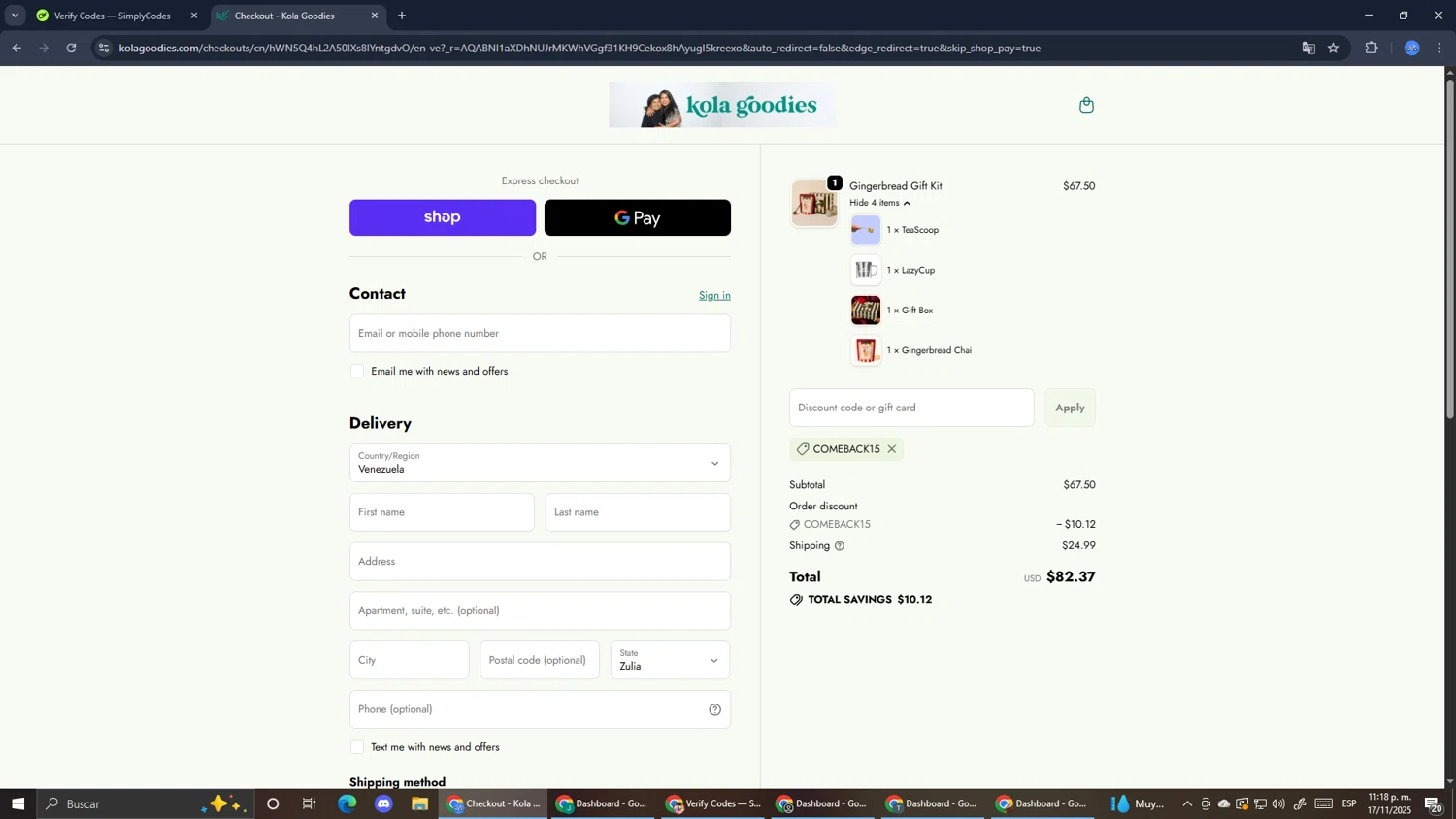 Kola Goodies promo code screenshot showing code COMEBACK15 applied at Kola Goodies checkout page. Uploaded by SimplyCodes community member RoyalExpert3857 on Nov 18, 2025