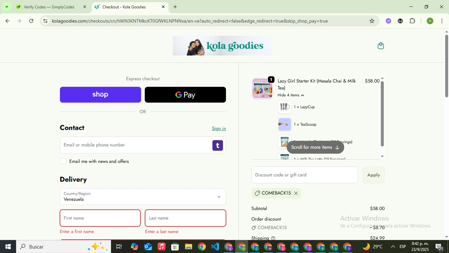 Kola Goodies promo code screenshot showing code COMEBACK15 applied at Kola Goodies checkout page. Uploaded by SimplyCodes community member SwiftSaver6197 on Sep 24, 2025