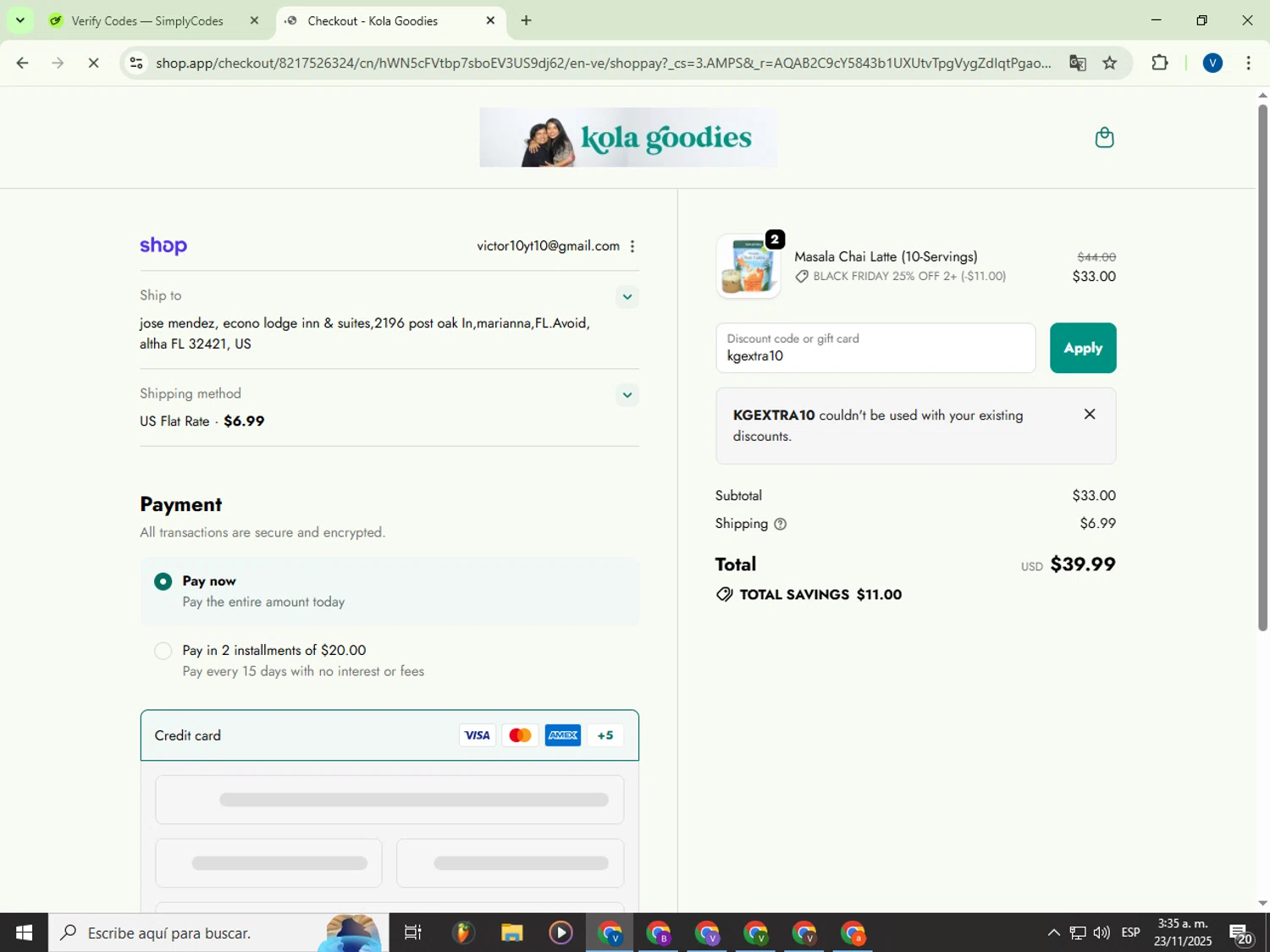 Kola Goodies promo code screenshot showing code kgextra10 applied at Kola Goodies checkout page. Uploaded by SimplyCodes community member Garou_Y2K on Nov 23, 2025
