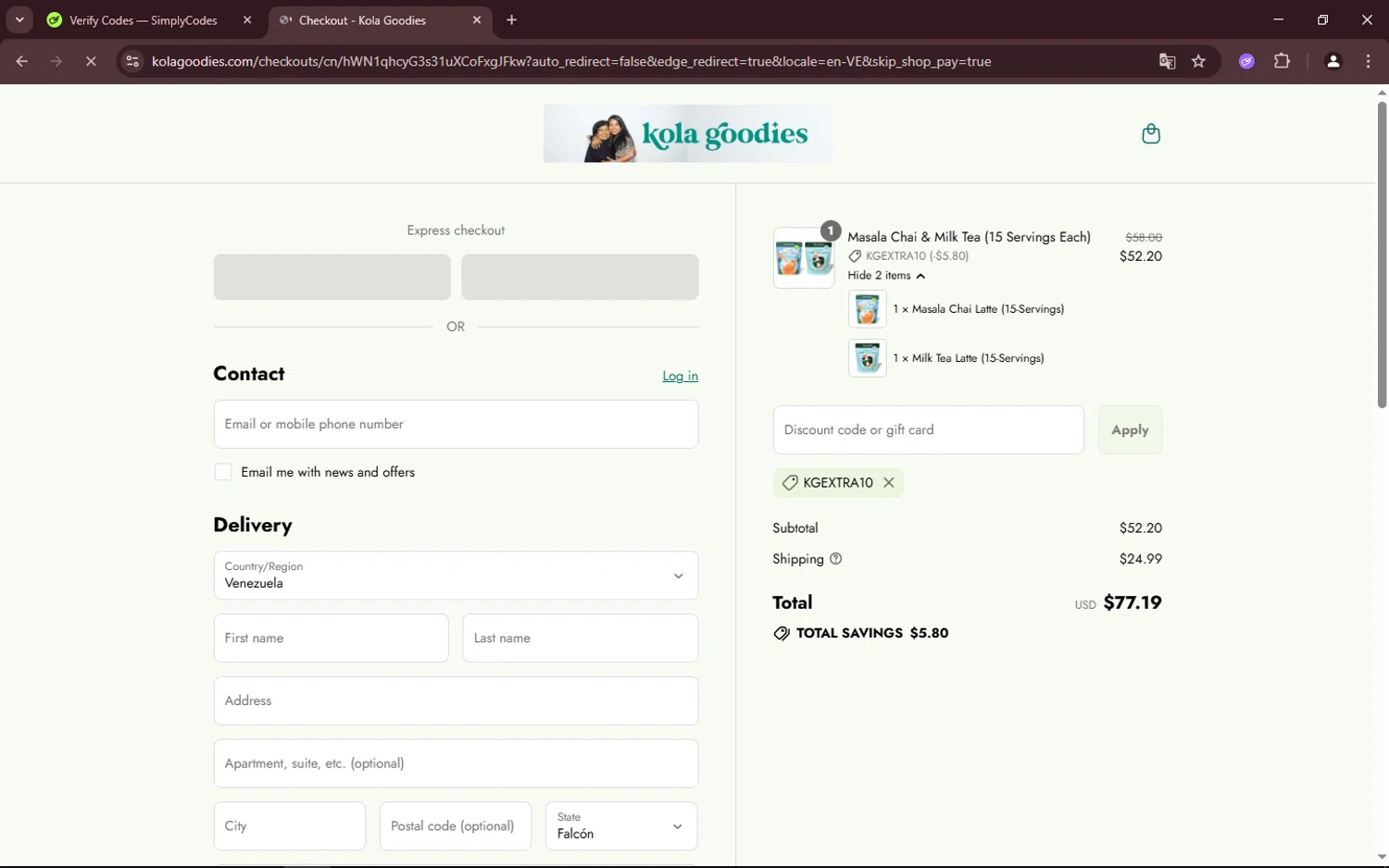 Kola Goodies promo code screenshot showing code kgextra10 applied at Kola Goodies checkout page. Uploaded by SimplyCodes community member Makunouchi on Aug 16, 2025