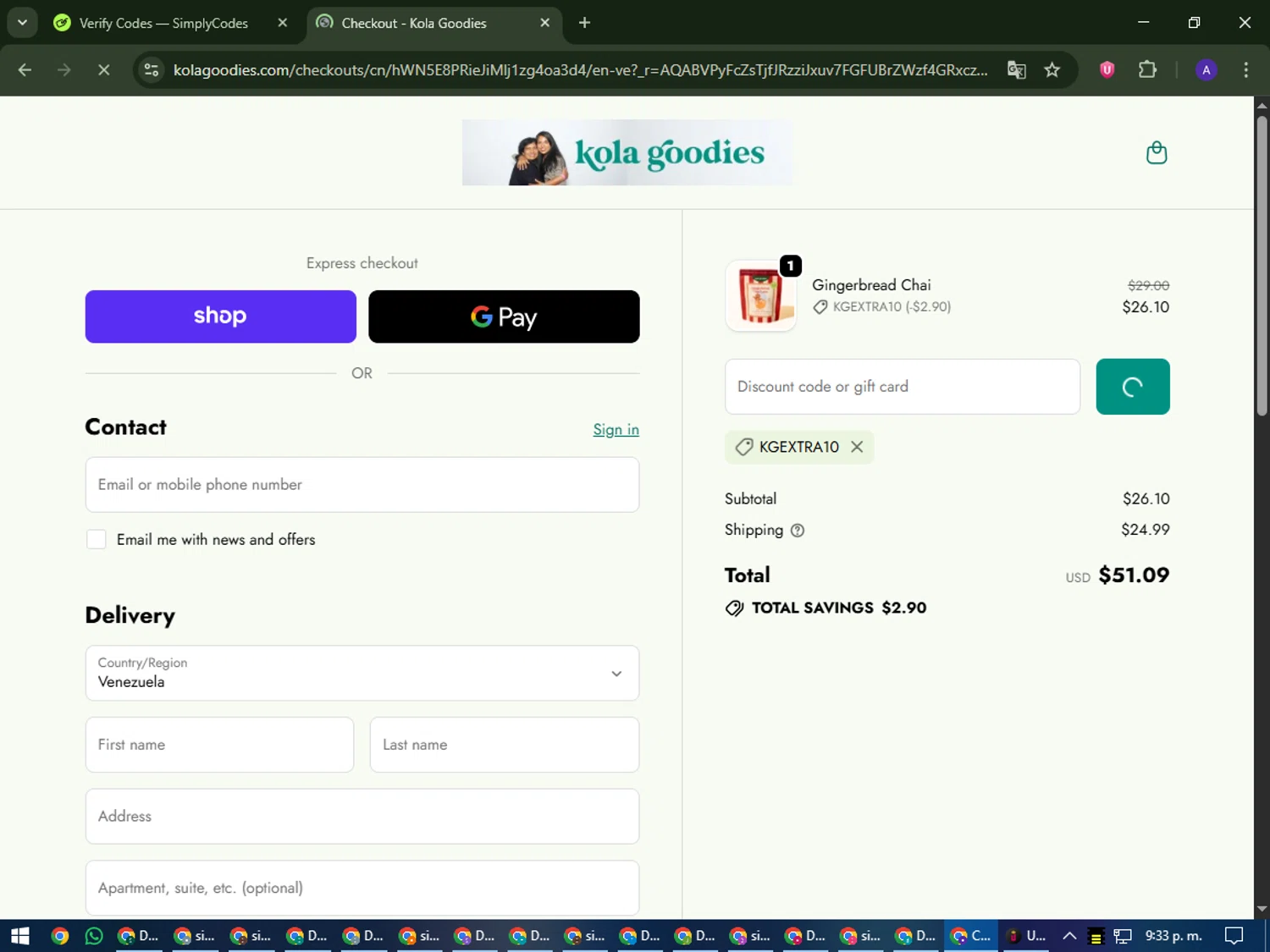 Kola Goodies promo code screenshot showing code kgextra10 applied at Kola Goodies checkout page. Uploaded by SimplyCodes community member MagnificentWarden4603 on Nov 13, 2025