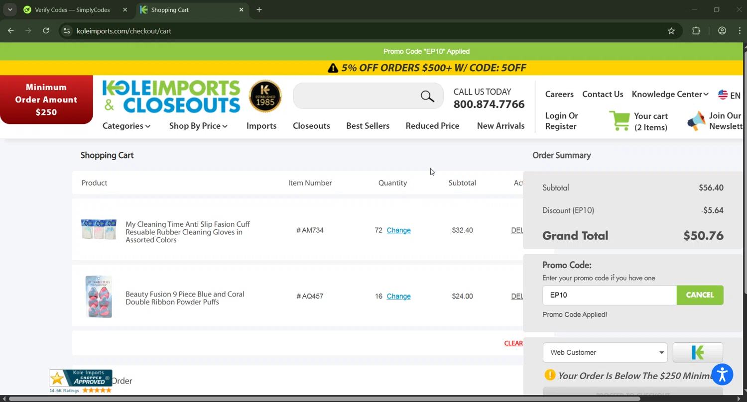 Kole Imports promo code screenshot showing code EP10 applied at Kole Imports checkout page. Uploaded by SimplyCodes community member CashWizard4502 on Feb 1, 2026