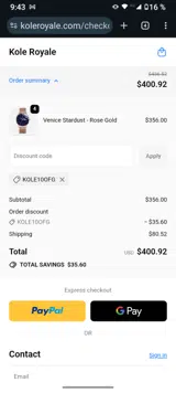 Kole10OFG coupon verification screenshot