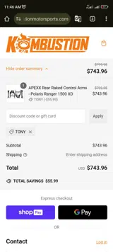 TONY coupon verification screenshot