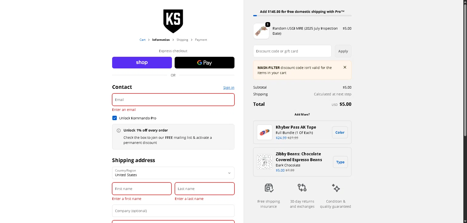 Kommando Store checkout page showing Kommando Store discount code box | Screenshot taken by SimplyCodes community member on Jan 29, 2026