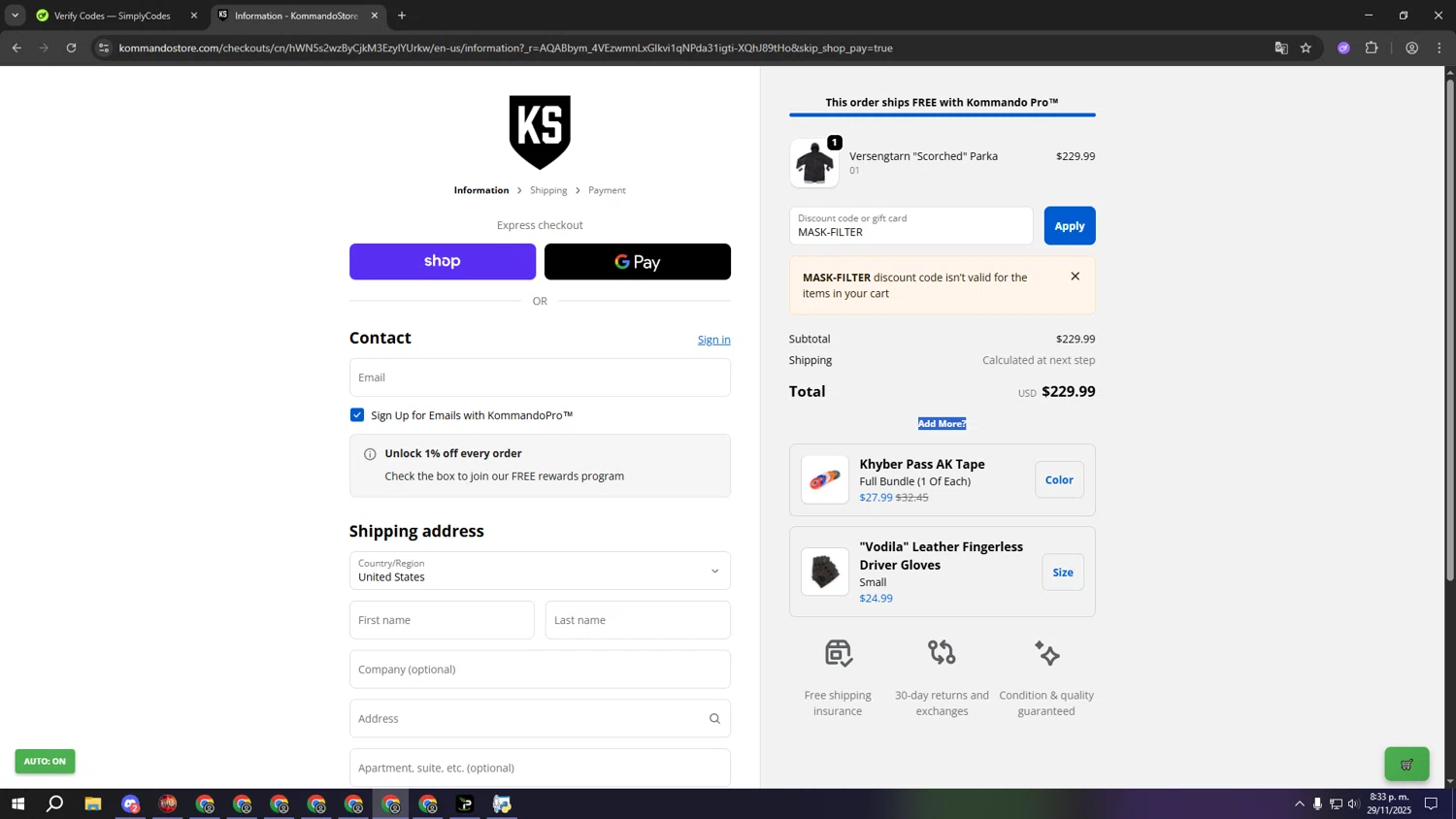 Kommando Store discount code screenshot showing code MASK-FILTER applied at Kommando Store checkout page. Uploaded by SimplyCodes community member fffffffffffffffffff on Nov 30, 2025