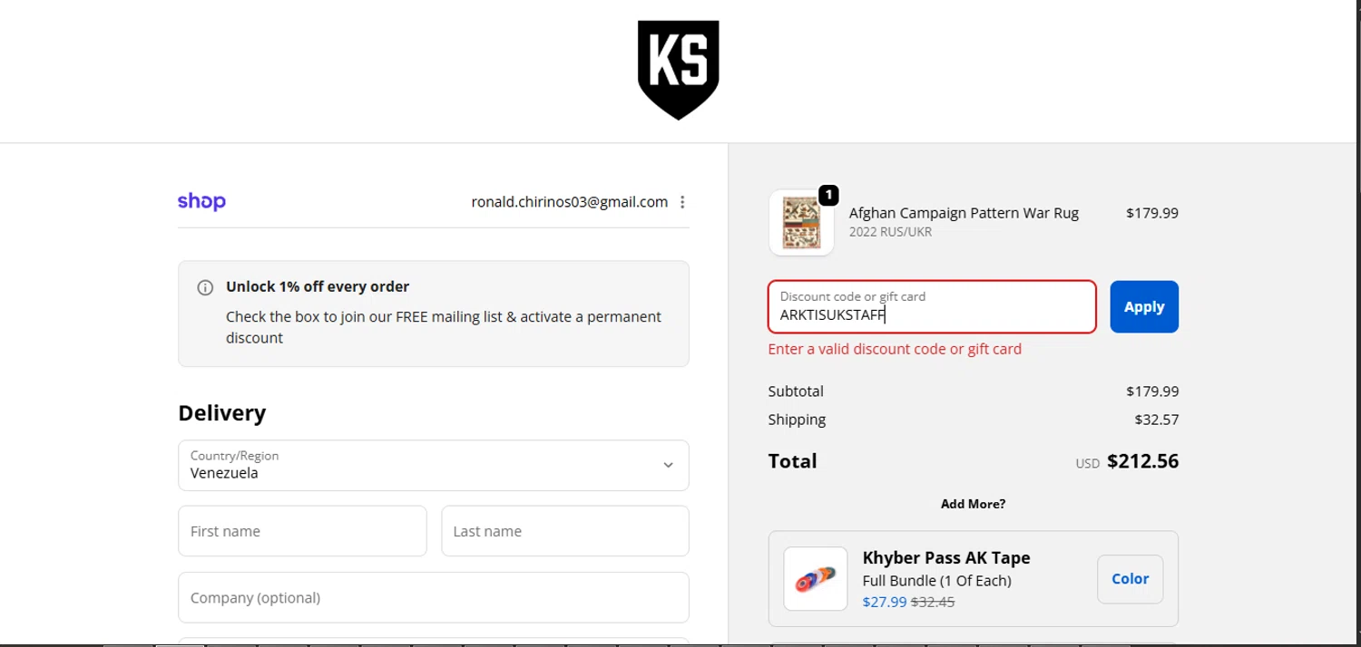 Kommando Store discount code screenshot showing code ARKTISUKSTAFF applied at Kommando Store checkout page. Uploaded by SimplyCodes community member WiseSage2777 on Feb 19, 2026