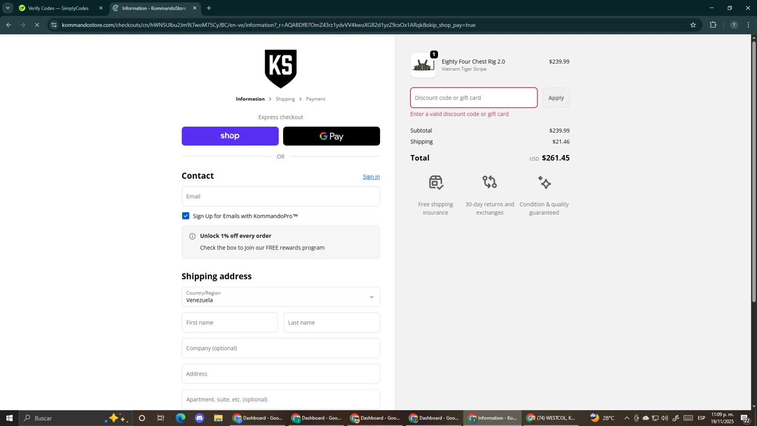 Kommando Store discount code screenshot showing code sam applied at Kommando Store checkout page. Uploaded by SimplyCodes community member Makemusic on Nov 20, 2025