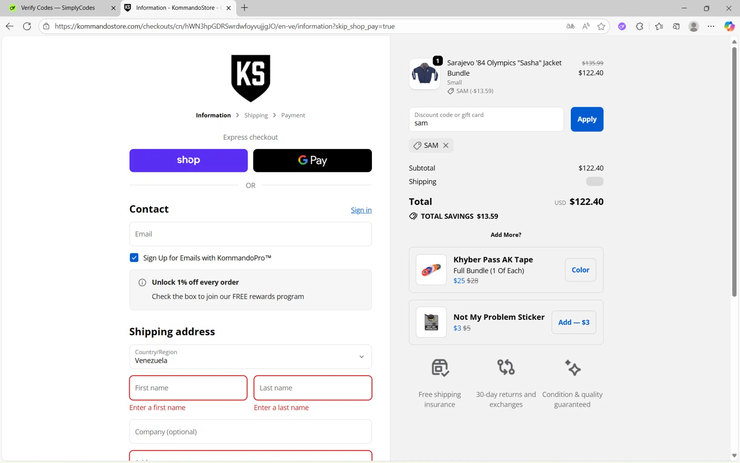 Kommando Store discount code screenshot showing code sam applied at Kommando Store checkout page. Uploaded by SimplyCodes community member frijolito on Oct 3, 2025