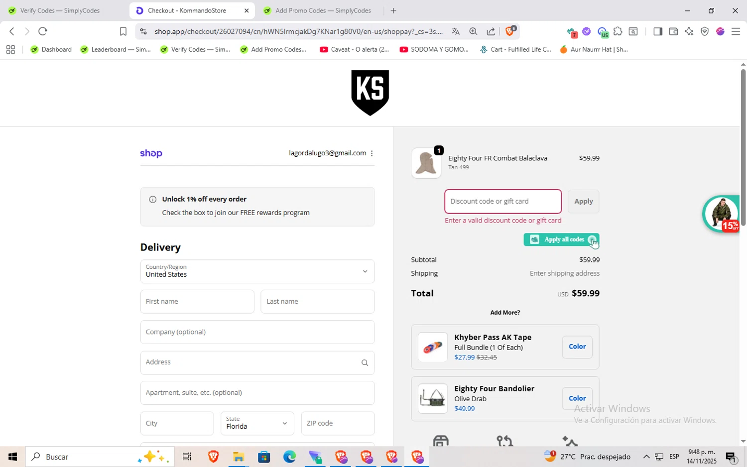 Kommando Store discount code screenshot showing code TasteTheRainbow applied at Kommando Store checkout page. Uploaded by SimplyCodes community member Rayyyyyy on Nov 15, 2025