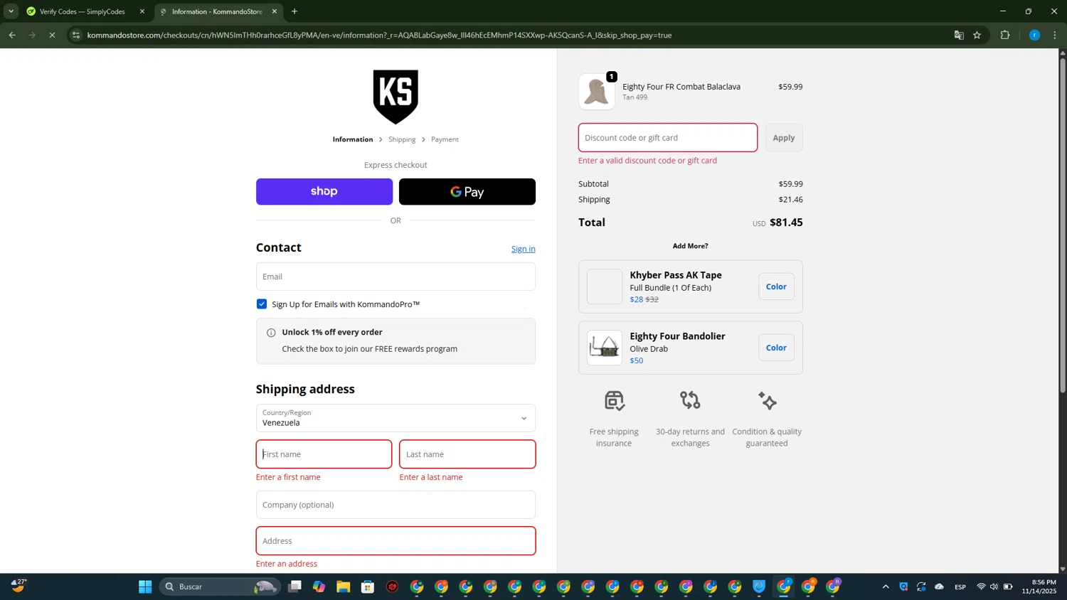Kommando Store discount code screenshot showing code TasteTheRainbow applied at Kommando Store checkout page. Uploaded by SimplyCodes community member RewardVoyager146 on Nov 15, 2025