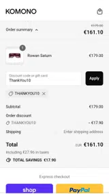 ThankYou10 coupon verification screenshot