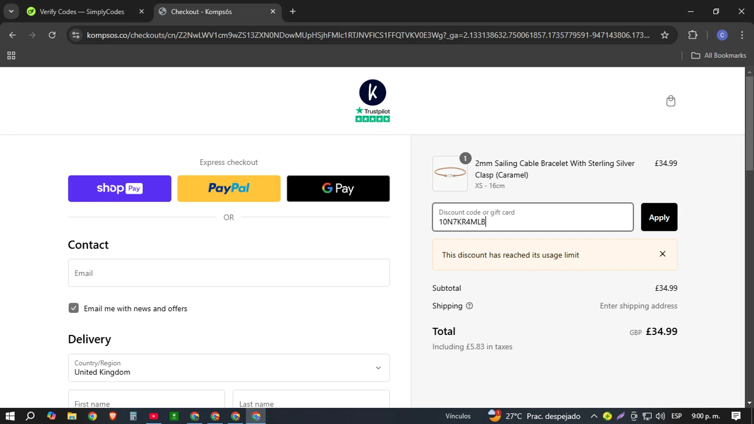 Kompsos discount code screenshot showing code 10N7KR4MLB applied at Kompsos checkout page. Uploaded by SimplyCodes community member Cotu1208 on Jan 2, 2025