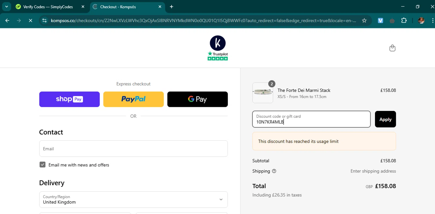 Kompsos discount code screenshot showing code 10N7KR4MLB applied at Kompsos checkout page. Uploaded by SimplyCodes community member samuelgomez2 on Mar 18, 2025
