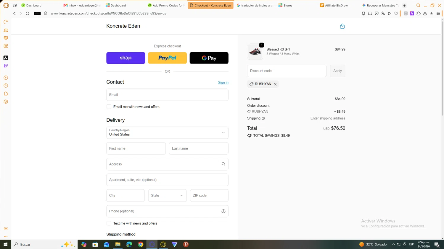 Koncrete Eden promo code screenshot showing code RUSHYAN applied at Koncrete Eden checkout page. Uploaded by SimplyCodes community member JEUGENIO on May 24, 2026