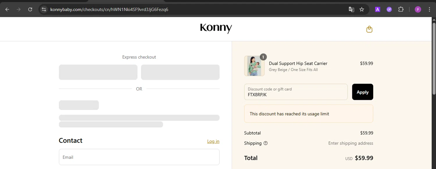 Konny Baby discount code screenshot showing code FTX8RPJK applied at Konny Baby checkout page. Uploaded by SimplyCodes community member firoas on Aug 3, 2025