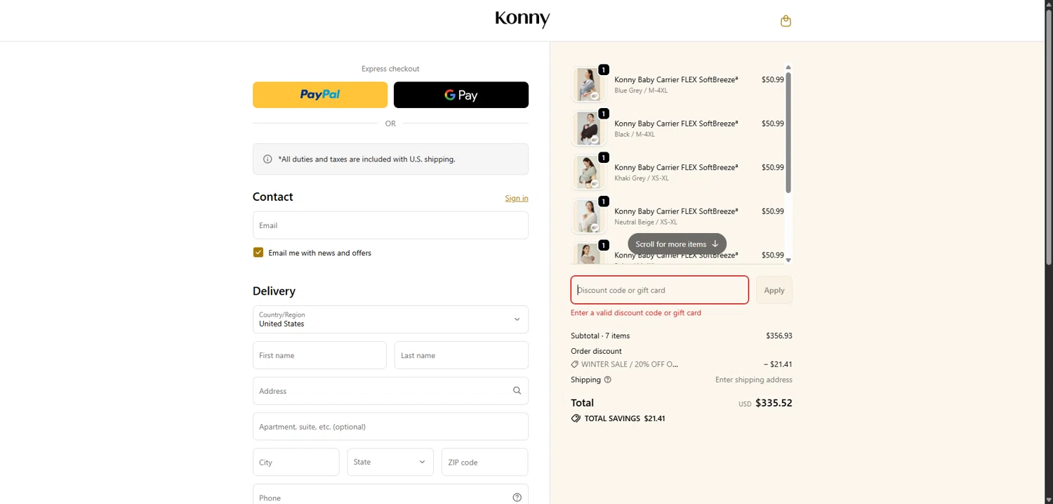 Konny Baby discount code screenshot showing code FIRST10 applied at Konny Baby checkout page. Uploaded by SimplyCodes community member TokenCollector1268 on Dec 14, 2025