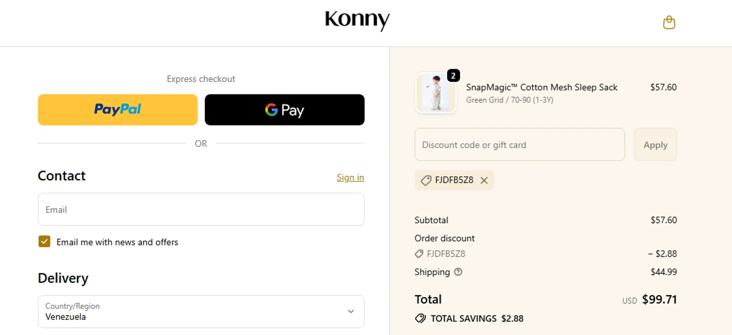 Konny Baby promo code screenshot showing code FJDFB5Z8 applied at Konny Baby checkout page. Uploaded by SimplyCodes community member PaulSkenes on Apr 21, 2026