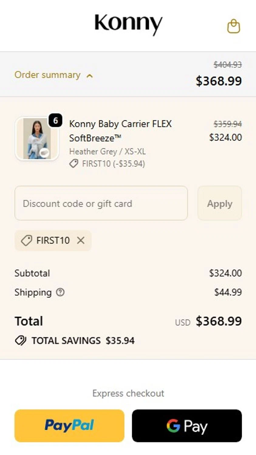 Konny Baby discount code screenshot showing code FIRST10 applied at Konny Baby checkout page. Uploaded by SimplyCodes community member RonaldoM32 on Dec 19, 2025