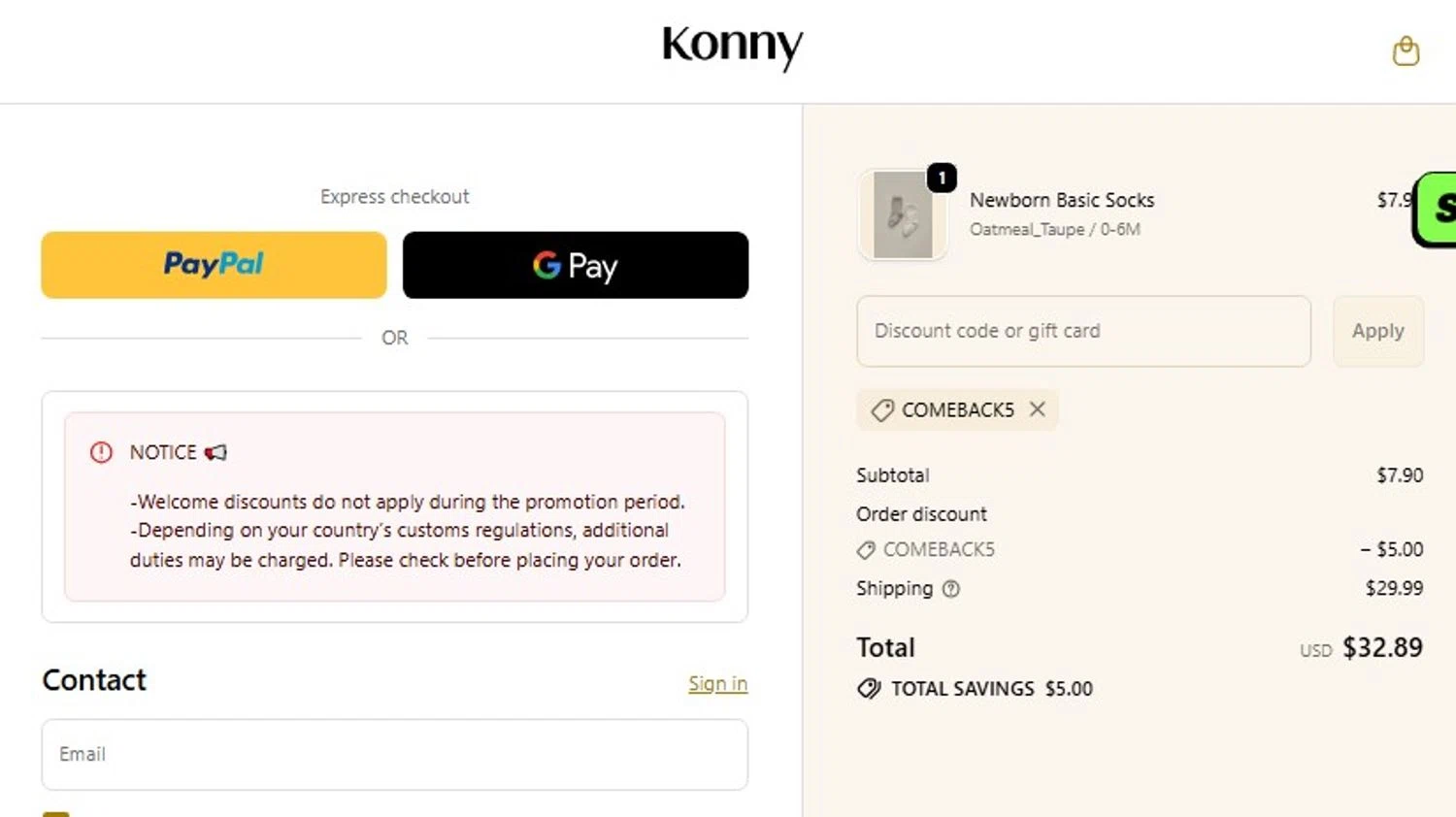 Konny Baby discount code screenshot showing code COMEBACK5 applied at Konny Baby checkout page. Uploaded by SimplyCodes community member frankrivero on Jan 16, 2026