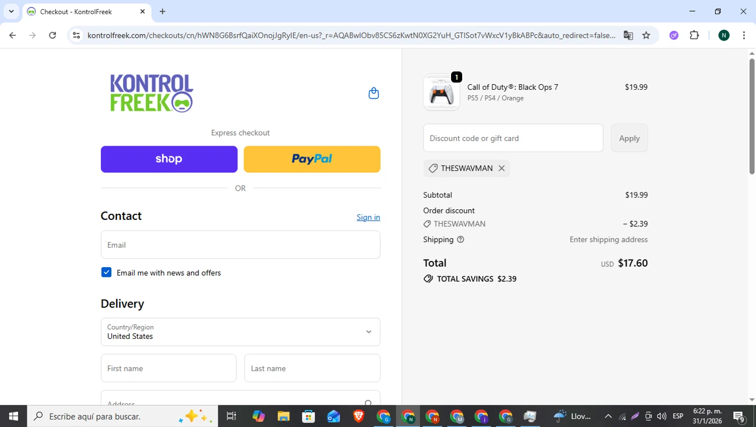 Kontrol Freek promo code screenshot showing code THESWAVMAN applied at Kontrol Freek checkout page. Uploaded by SimplyCodes community member Narutooooo on Jan 31, 2026
