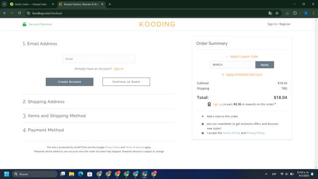 Kooding.com checkout page showing Kooding.com discount code box | Screenshot taken by SimplyCodes community member on Mar 4, 2025