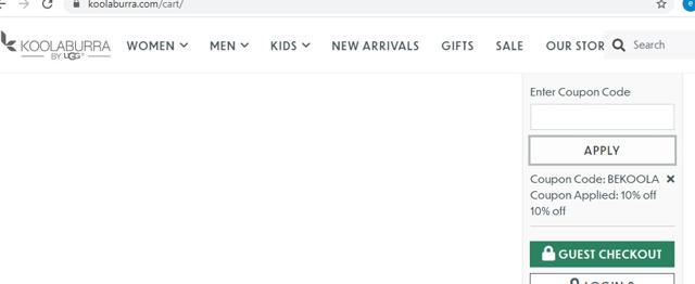 Koolaburra checkout page showing Koolaburra coupon code box | Screenshot taken by SimplyCodes community member on Oct 19, 2020