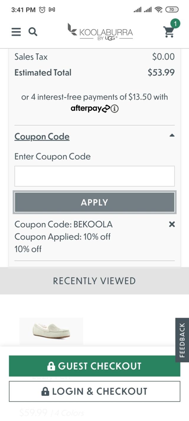 Koolaburra checkout page showing Koolaburra coupon code box | Screenshot taken by SimplyCodes community member on Feb 12, 2021