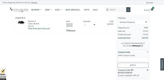 Koolaburra checkout page showing Koolaburra coupon code box | Screenshot taken by SimplyCodes community member on Mar 12, 2021