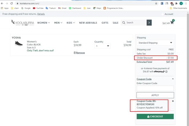 Koolaburra checkout page showing Koolaburra coupon code box | Screenshot taken by SimplyCodes community member on Mar 9, 2021