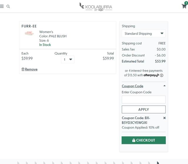 Koolaburra checkout page showing Koolaburra coupon code box | Screenshot taken by SimplyCodes community member on Mar 10, 2021