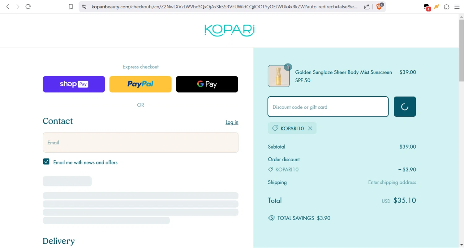 Kopari Beauty discount code screenshot showing code KOPARI10 applied at Kopari Beauty checkout page. Uploaded by SimplyCodes community member Fabio05 on Mar 7, 2025