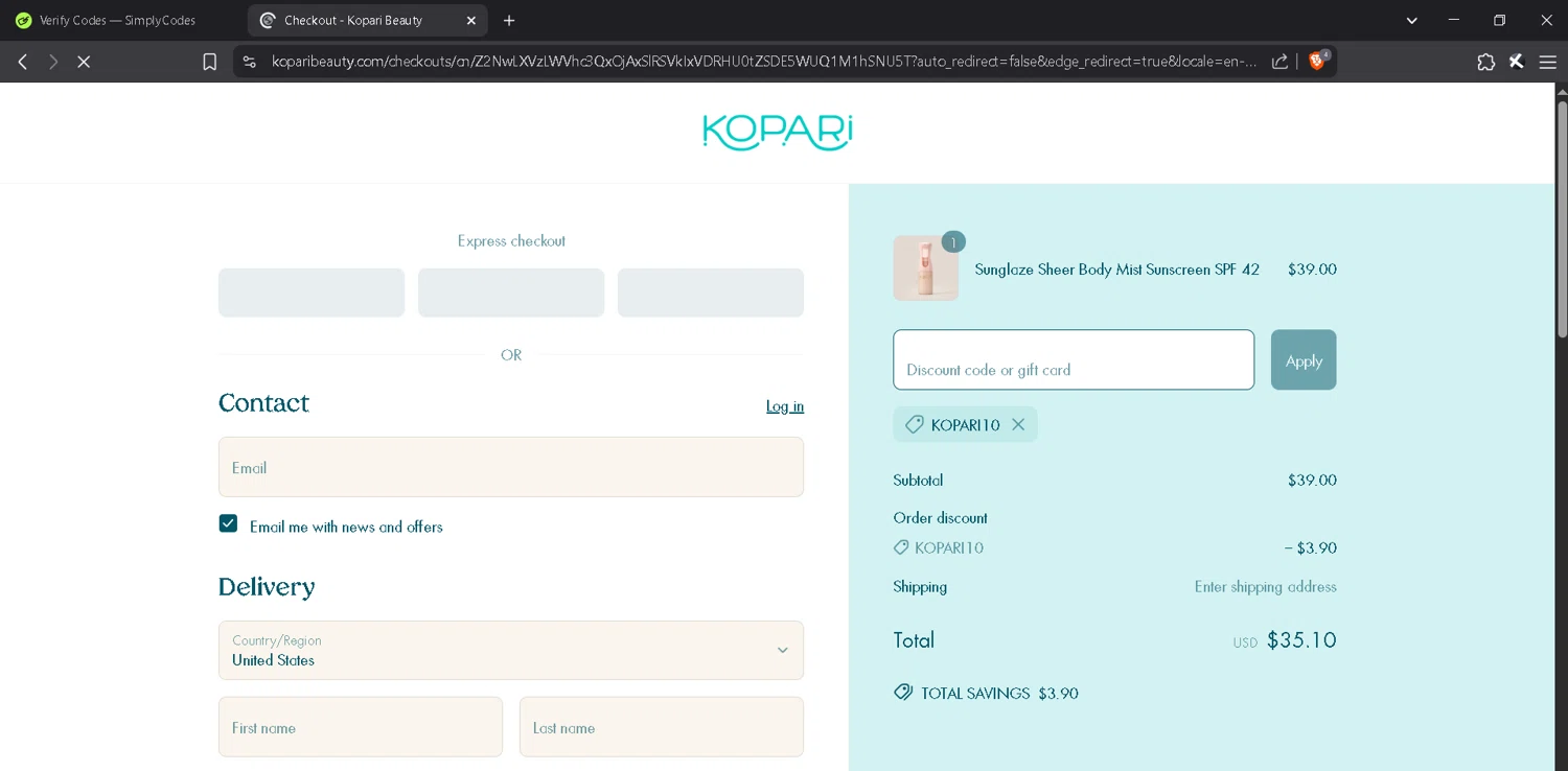 Kopari Beauty discount code screenshot showing code KOPARI10 applied at Kopari Beauty checkout page. Uploaded by SimplyCodes community member MadaraUchiha07 on May 8, 2025