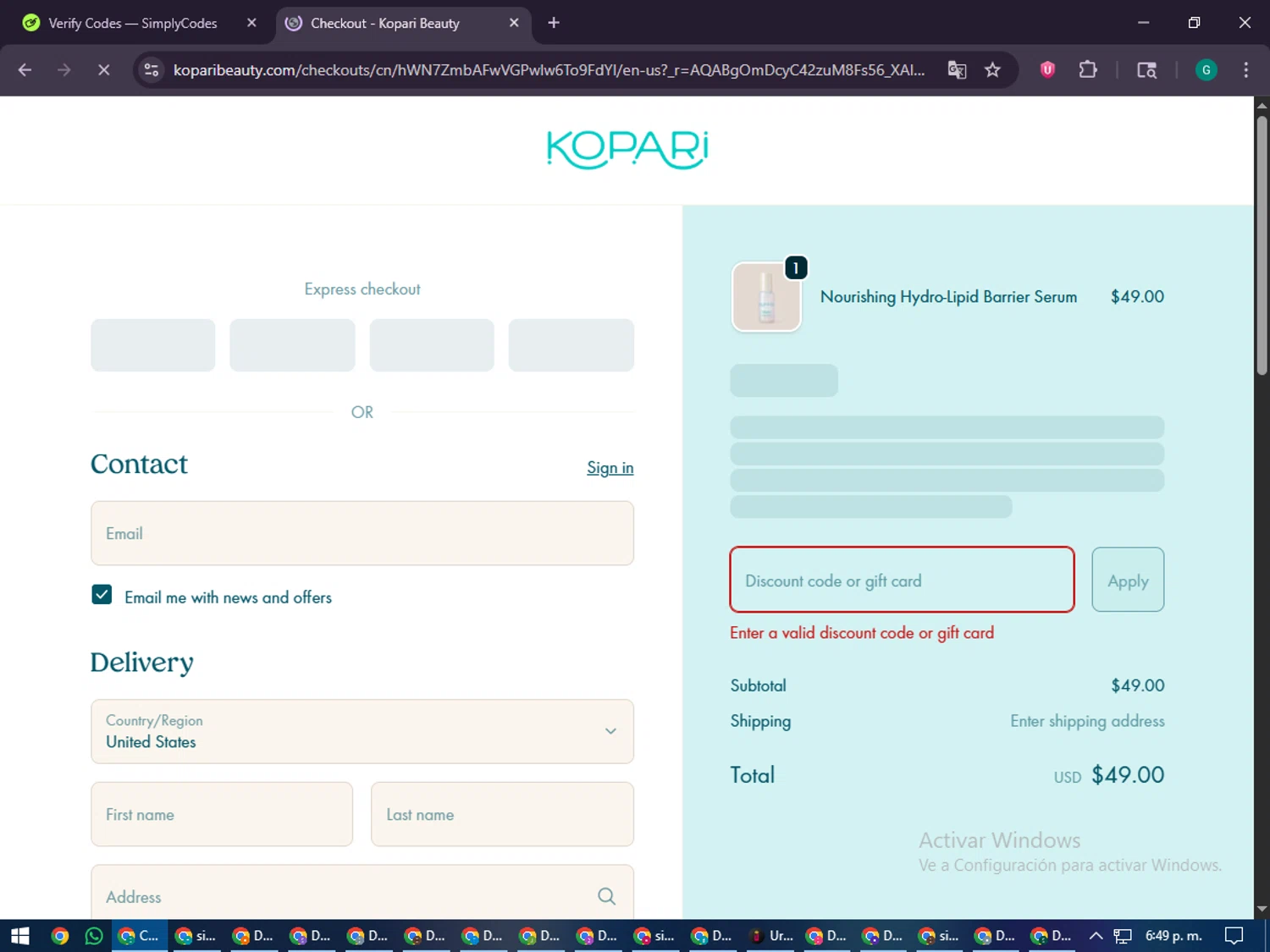 Kopari Beauty discount code screenshot showing code TAKE15 applied at Kopari Beauty checkout page. Uploaded by SimplyCodes community member PennyFinder5759 on Jan 13, 2026