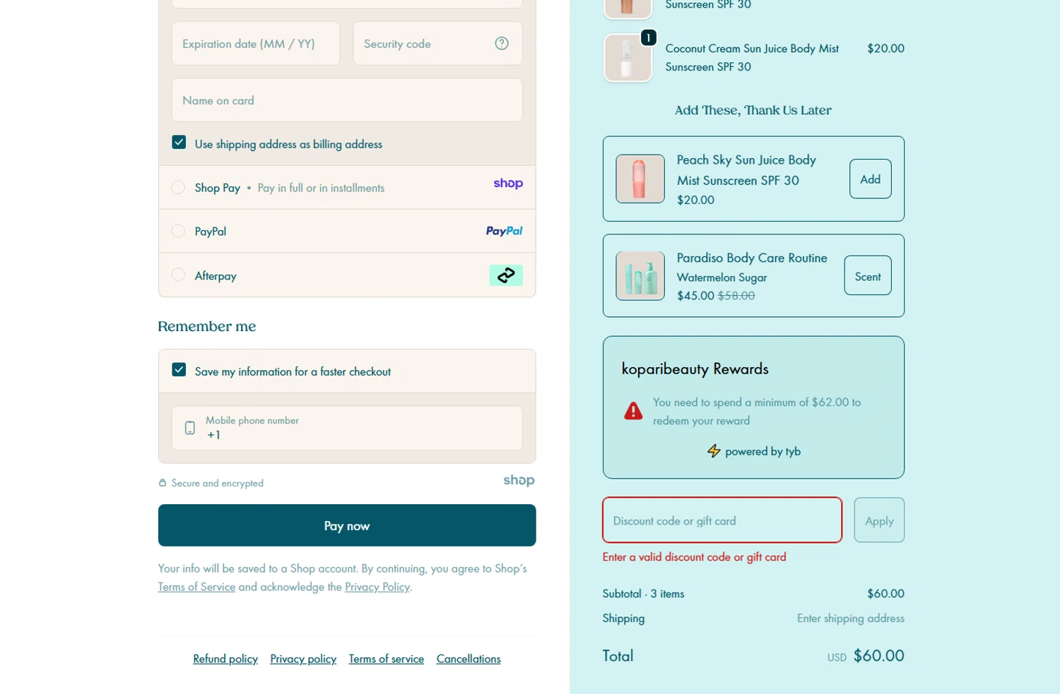 Kopari Beauty discount code screenshot showing code GIRLBOSS15 applied at Kopari Beauty checkout page. Uploaded by SimplyCodes community member CashAce9852 on Jan 14, 2026
