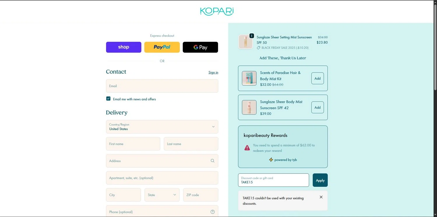 Kopari Beauty discount code screenshot showing code TAKE15 applied at Kopari Beauty checkout page. Uploaded by SimplyCodes community member Depressive on Dec 1, 2025