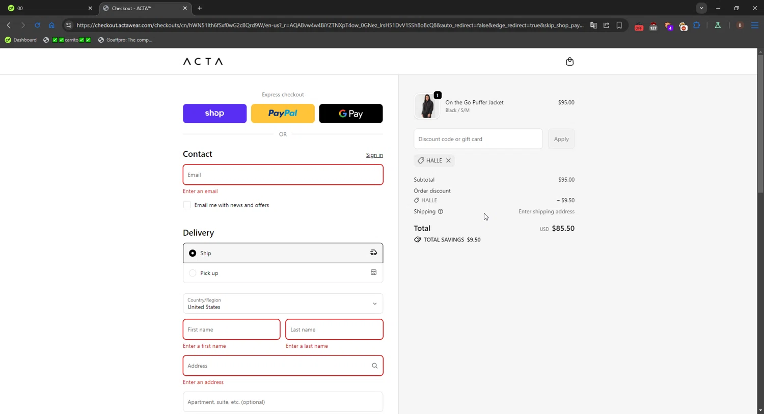 Acta discount code screenshot showing code HALLE applied at Acta checkout page. Uploaded by SimplyCodes community member FrugalShopper1585 on Nov 7, 2025