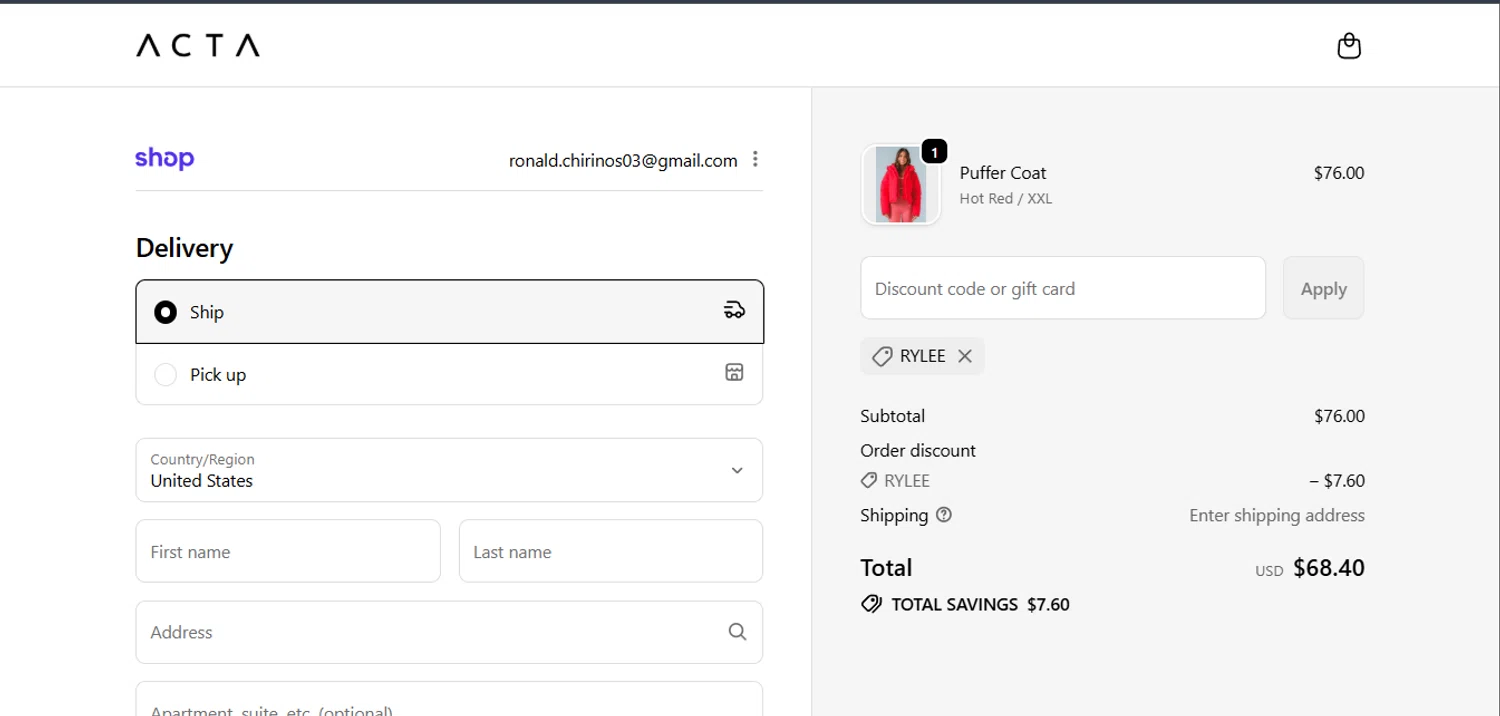 Acta discount code screenshot showing code Rylee applied at Acta checkout page. Uploaded by SimplyCodes community member CrownAce9258 on Feb 7, 2026