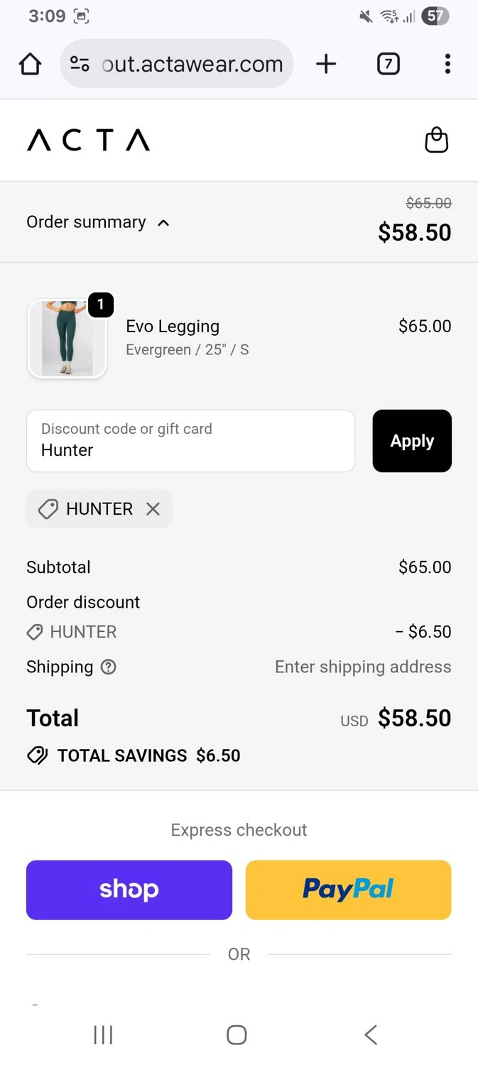 Acta discount code screenshot showing code Hunter applied at Acta checkout page. Uploaded by SimplyCodes community member KarinaHZ on Dec 8, 2025