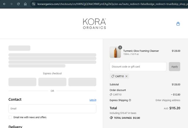 KORA Organics checkout page showing KORA Organics discount code box | Screenshot taken by SimplyCodes community member on Sep 8, 2025