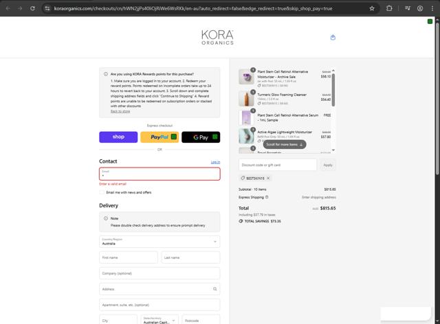 KORA Organics checkout page showing KORA Organics discount code box | Screenshot taken by SimplyCodes community member on Sep 8, 2025